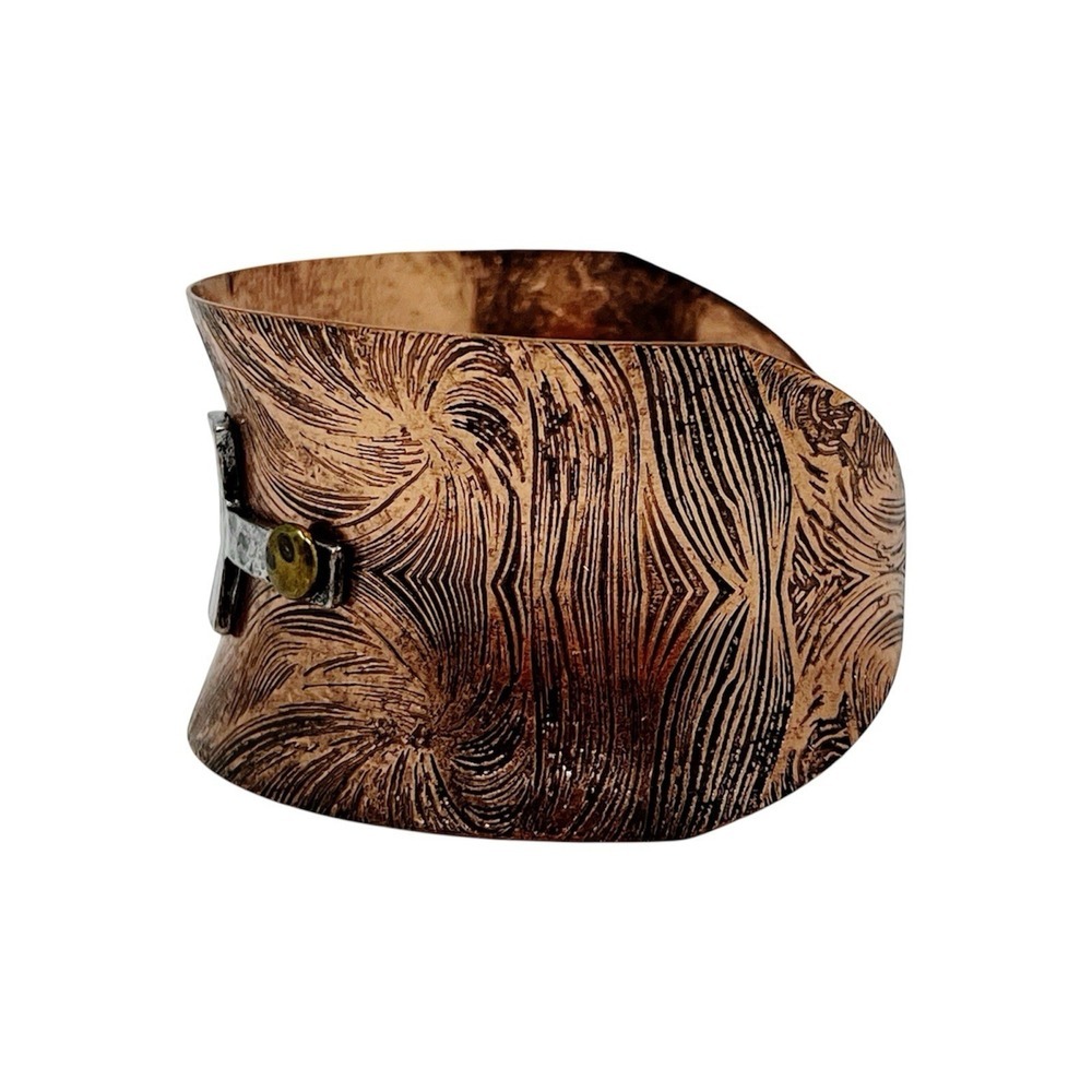 Copper Cuff Bracelet Riveted Silver Cross Textured Patina Mixed Metal - Picture 2 of 6